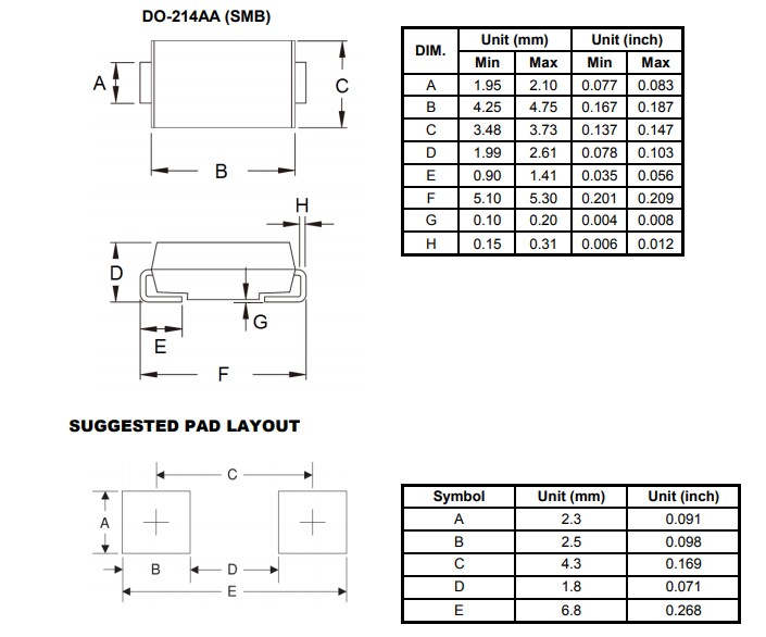 Mechanical Drawing - Taiwan Semiconductor SMB10J33CA Series Transient Voltage Suppressors